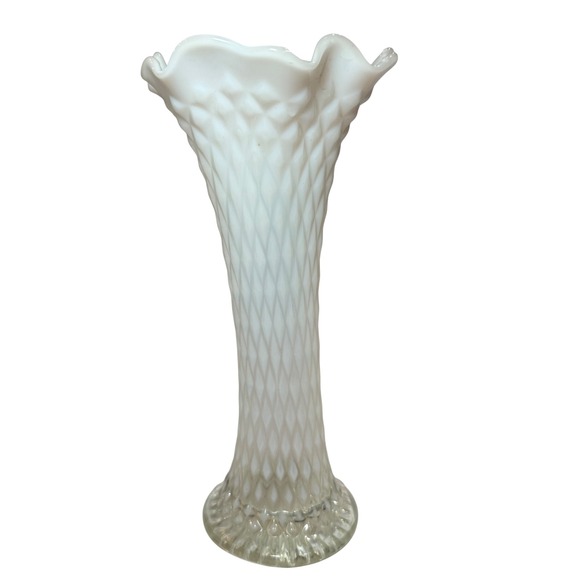 Other - Vintage Milk Glass Diamond Quilt Ruffled Trumpet Vase Wedding Cottage Decor